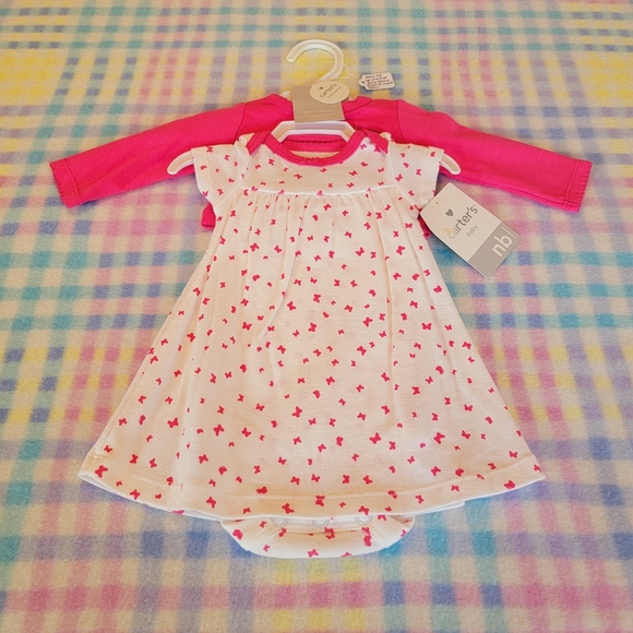 CARTER'S ♡ Precious White w/Pink Butterflies 2pc Onesie Dress w/Pink Sweater NB - Picture 3 of 9